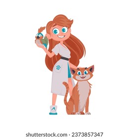 There is a girl who takes care of animals. She is very funny and cute and she really likes being with them. Vector Illustration.