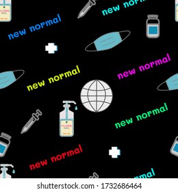 There are globe, vaccine, alcohol gel, mask, medical sign and text new normal are on black background. Seamless vector for banner.