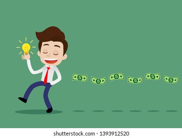 There is good idea. Money will follow concept, Young businessman is walking holding a light bulb idea and having money floating behind, Cartoon vector illustration