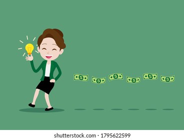 There Is Good Idea, Money Will Follow Concept. Successful Businesswoman Is Walking Holding A Light Bulb Idea And Having Money Floating Behind, Cartoon Vector Illustration