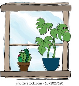 hay galletas con plantas interiores en la ventana, cactus y monstera crecen en macetas en la ventana, vegetación en el umbral de la ventana, florecimiento de cactus