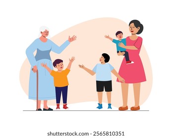 There was a grandmother with her daughter who had 3 sons, they were playing together.
design, vector, illustration