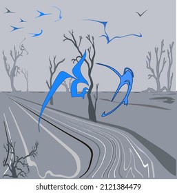 There are gray trees on a gray field. Grey sky. Lots of fantastic bluebirds
