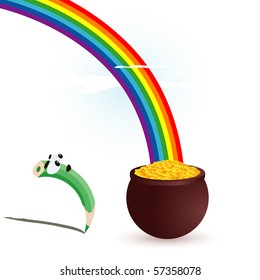 There are green pencil and gold copper with rainbow. Symbols of St. Patrick's day.