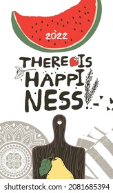 There is happiness! The cover of the designer calendar for 2022. The calendar suggests a food theme. Handmade logo. Vector graphics. 