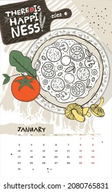 There is happiness! The page of the designer calendar 2022. The month is January. The calendar suggests a food theme . Handmade logo. Vector graphics.
