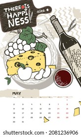 There is happiness! The page of the designer calendar for 2022. The month of May. The calendar suggests a food theme. Handmade logo. Vector graphics.