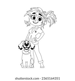 There is a happy lady who loves animals and has a really adorable dog. Childrens coloring page.