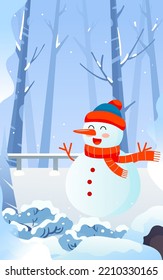 There are houses in the snow in the forest with pine trees and snowy mountains in the background, vector illustration