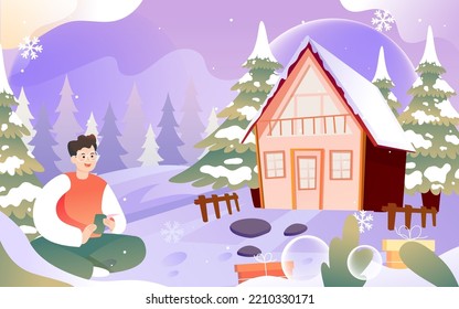 There are houses in the snow in the forest with pine trees and snowy mountains in the background, vector illustration