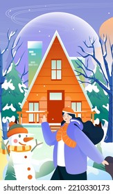 There are houses in the snow in the forest with pine trees and snowy mountains in the background, vector illustration