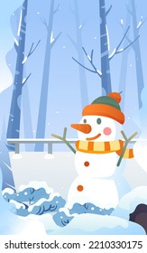 There are houses in the snow in the forest with pine trees and snowy mountains in the background, vector illustration