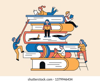 There are huge books piled up and small people are reading books around. flat design style minimal vector illustration