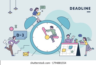 There is a huge clock and people are busy working to meet the deadline. flat design style minimal vector illustration.