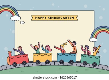There is a huge whiteboard in the background and the children are passing by on the train. flat design style minimal vector illustration.