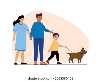 There is a husband holding his wife's hand, while his son is holding his dog's leash, they are enjoying a walk together.
design, vector, illustration