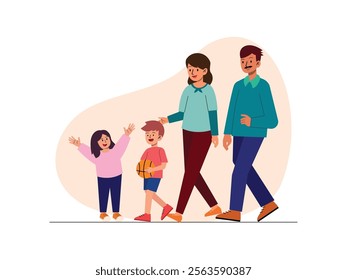 There was a husband and wife and their two children, a boy and a girl, the boy was carrying a basketball.
design, vector, illustration