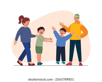 There is a husband and wife and their two sons, they are playing together.
design, vector, illustration