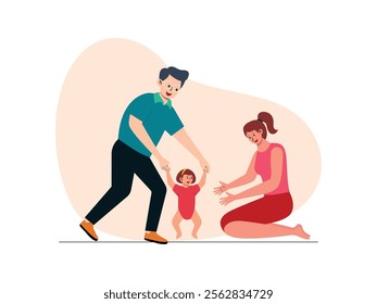 there was a husband and wife were chatting with their toddler daughter, the child was learning to walk she was held by her father.
design, vector, illustration