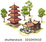 There are isolated Japanese traditional pagoda, the medieval blacksmith and some illustrated trees.