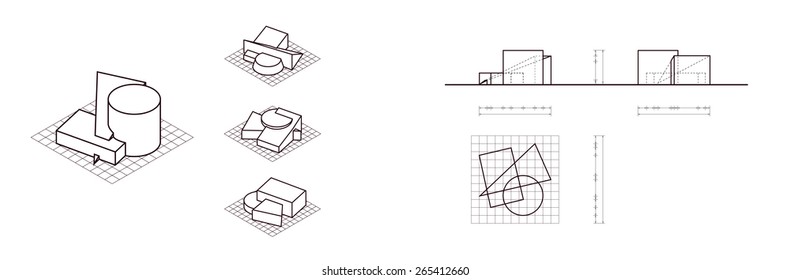 There is an isometric drawing with geometric shapes.