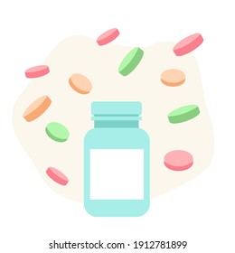 There is jar of pills in the foreground. There are dynamic pills in the background. Medical concept. Healthy lifestyle