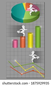 There kind of graphs, bar graph, pie chart, line chart with origami character