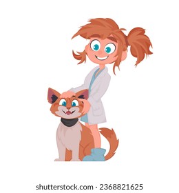 There is a lady who takes care of animals and works as a doctor for them. She is really glad. She owns an adorable feline. Vector Illustration.