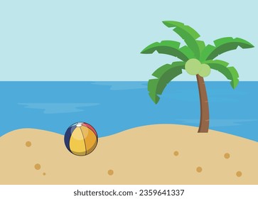 There are landscape paintings of coconut trees and beach balls