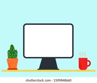 There are laptop, cactus in the pot, hot coffee in red mug.There are on wooden table. Work space concept. Cartoon vector design.