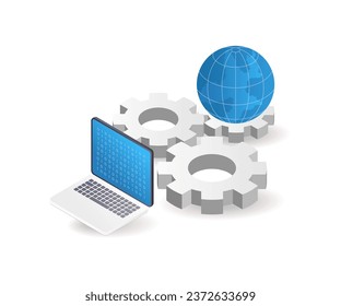 there is a laptop and a globe on a table flat illustration concept