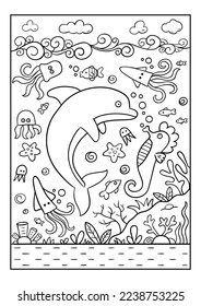 There is a large dolphin under water, around it swim fish, octopuses, octopuses, cuttlefish, starfish, sea horse. Black and white vector illustration for coloring book.