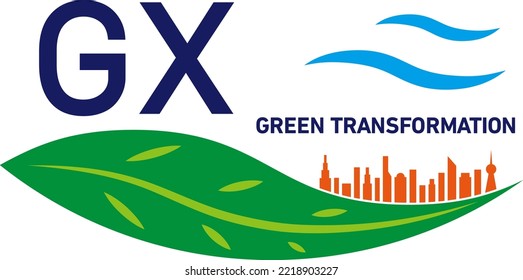 There is a large leaf and the silhouette of the city behind it. The letters "GX" and blue waves are drawn on the upper part of the leaf.