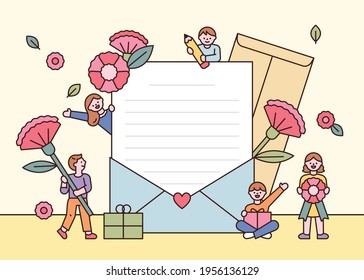 There are large stationery and cute people holding flowers around. flat design style minimal vector illustration.