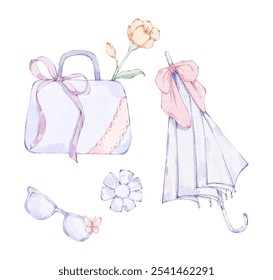 There is a light purple bag, umbrella, sunglasses, and flowers in a painting