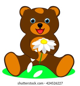 there is a little bear sitting and guessing on a chamomile