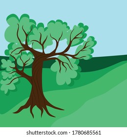 There is a lone oak tree on the plain. A majestic stylized tree on a natural background of nature. Vector tree illustration