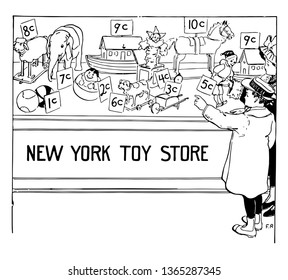 There are lots of toys placed on a table and a child wants to buy them, vintage line drawing or engraving illustration.