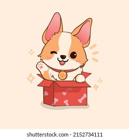 There was a lovely corgi in the gift box cartoon vector icon illustration.   animal nature icon concept isolated premium vector.   flat cartoon style.