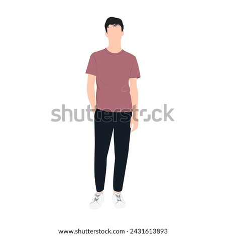 There is a man in a standing pose, wearing a t-shirt and black pants.	