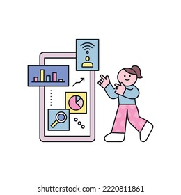 There are many analytics graphs on the mobile and a girl is pointing to the data. outline simple vector illustration.