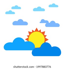 There are many clouds with sun on white background isolated. Summer. Hot weather. Seasonal.