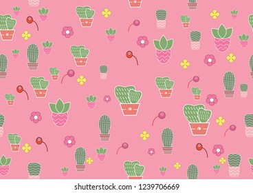 There are many cute cactus on background.Each cactus is on many style of pots. The pots are different colors and patterns,Vector seamless,desert plants,vector and illustration design.
