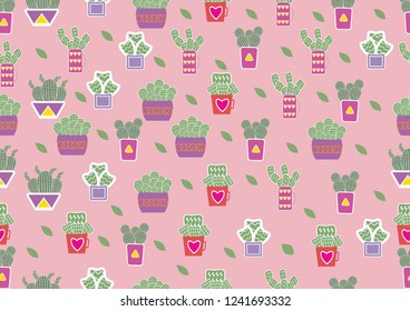 There are many cute cactus on the pink background.Each cactus is on many style of pots. The pots are different colors and patterns,Vector seamless,desert plants,vector and illustration design.