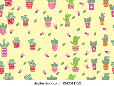 There are many cute cactus on the  background. Each cactus is on many styles of pots.The pots are different colors and patterns Cactus card,desert plants,vector and illustration design.