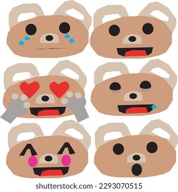 There are many emotions of bear in this picture such as smiling, embarrassed, crying, feeling loved, hungry, opening mouth.