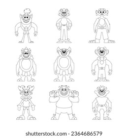There are many funny and strange cartoon monsters in a big group. Childrens coloring page.