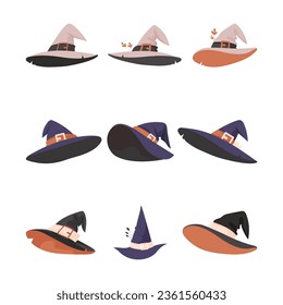 There are many Halloween hats shaped like witches. Cartoon style.