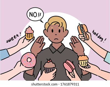 There are many hands holding food around a man. The man is refusing food. hand drawn style vector design illustrations. 