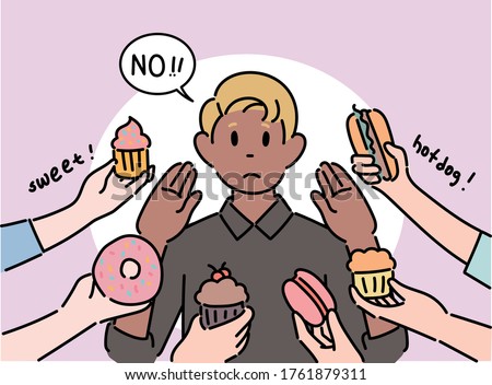 There are many hands holding food around a man. The man is refusing food. hand drawn style vector design illustrations. 